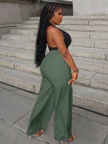Slaydiva Casual White Straight Leg Utility Pants With Pockets - Green - View 2