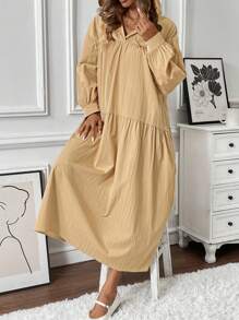 Chiquease Solid Color Casual Loose Hooded Long Dress For Women - Khaki - View 3
