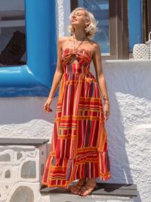 SHEIN VCAY Robe sans manches à col suspendu pour femme en vacances à motif rayé multicolore
