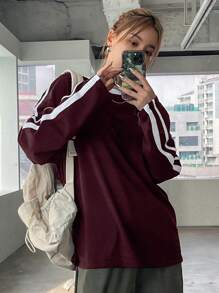 DAZY 女士宽松圆领撞色条纹长袖T恤，秋季服装 - 玫瑰紅 - 查看 4