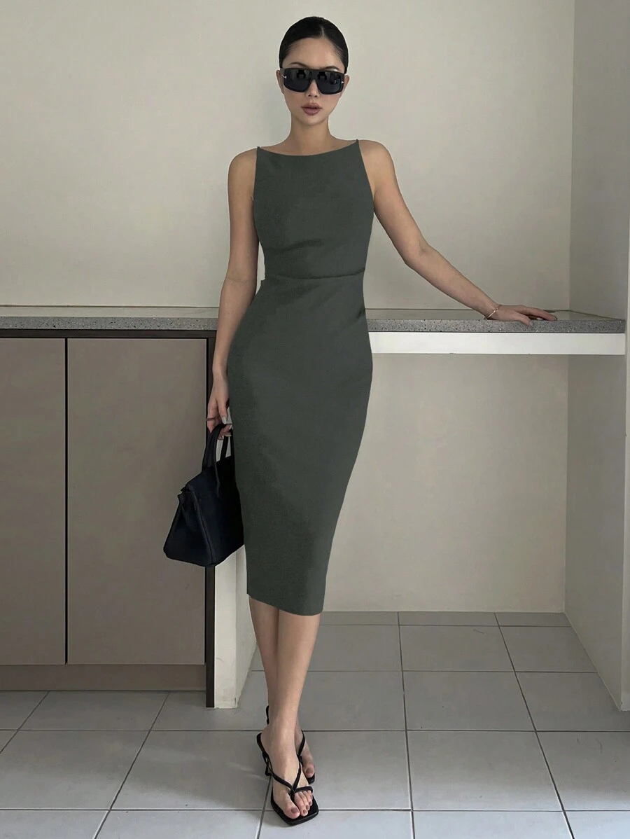 DAZY 女式夏季优雅修身腰开衩无袖连衣裙优雅太阳裙