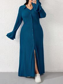 Mulvari 大码女式纯色喇叭袖单排扣长款休闲连衣裙，春夏 - 水鴨藍 - 查看 5