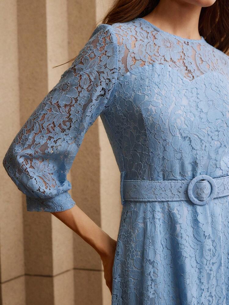 Women's Elegant Floral Lace Asymmetric Midi Dress, Crew Neck, Half Sleeve