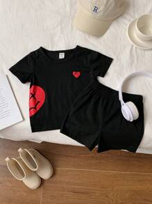 SHEIN 2 cái/bộ Em bé Con trai Giải trí Mặt Mẫu In Ngắn tay Áo thun Và Quần short , Mùa xuân/Mùa hè - màu đen - Xem 9