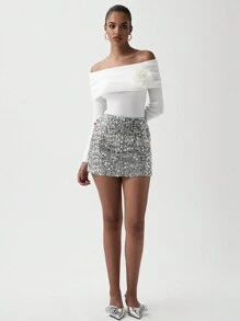 Lumivelle Women's Sexy Off-Shoulder 3D Floral Embellished Long Sleeve Knit Sweater