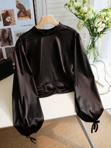 SHEIN Privé Plus Size Thanh Lịch Đi Làm Đường Phố Cao Cấp Gợi Cảm Hở Lưng Diềm Viền Tự Thắt Eo Áo Sơ Mi Thường Ngày Cho Nữ, Tay Dài, Thiết Kế Xếp Ly, Vải Satin, Ngắn, Buổi Hòa Nhạc Mùa tựu trường - màu đen - Xem 5