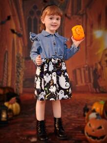 Vestido casual colegial estilo azul jeans patchwork desenho animado e estampa gráfica de Halloween, outono/inverno