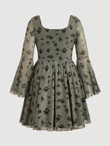 SHEIN MOD Plus Size Women Olive Green Mesh Printed Long Sleeve Ruched Puff Hem Mini Dress - Army Green - View 2