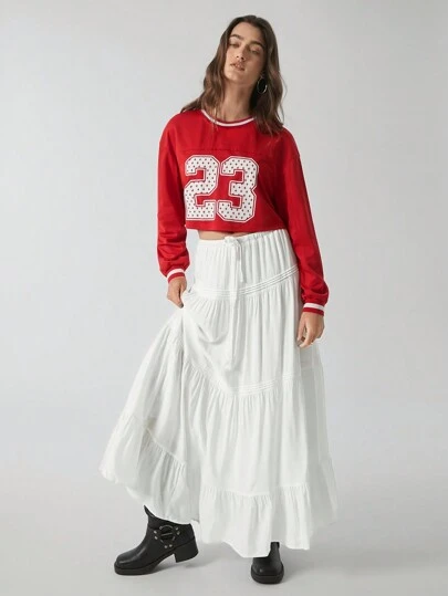 SHEIN EZwear Women's Red Letter & Number Print Long Sleeve Cropped T-Shirt, Football Jersey Tee Suitable For Viewing