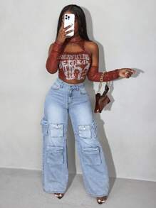 Slaydiva Solid Color Pocket Button Casual Wide Leg Jeans