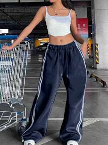 INAWLY Quần dài thường ngày có dây rút in sọc hai bên dành cho nữ có túi - Màu xanh hải quân - Xem 1