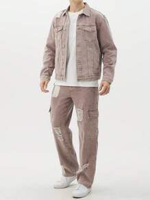 Manfinity Roughcore Men's Solid Color Casual Long Sleeve Top And Jeans Pants Set