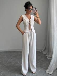 Gloray 2pcs Set Women's Solid Color Simpleprintless Tank Top And Long Pants Suit - White - View 5