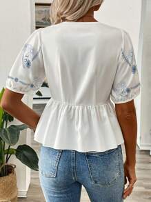 SHEIN LUNE Women's Floral Print V-Neck Tie-Up Splice Short Cardigan Shirt, Summer Peplum Top - Baby Blue - View 2