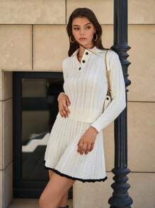 EURMUSE Women Cable Knit Pattern Collar Neck Pullover & Sweater Skirt Set - Beige - View 4