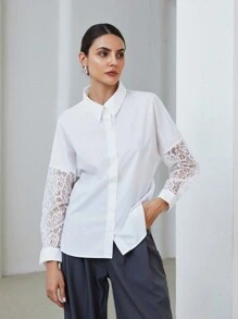 SHEIN Privé Blus Lengan Panjang Wanita Sederhana, Elegan, Kontras Renda, Kasual, Serbaguna untuk Musim Gugur - Putih - View 5