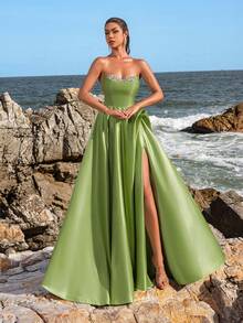 Faeriesty Satin Rhinestone Detail Formal Tube Prom Dress - Green - View 9