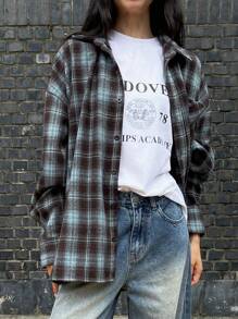 DAZY Dames Losse Blauwe Geruite Lange Mouw Herfst Shirt, Blouse Top