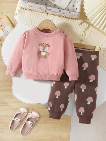 2 件套女婴提花针织毛衣和裤子套装，圆领长袖套头衫和温暖休闲装，舒适时尚，适合秋冬和圣诞节