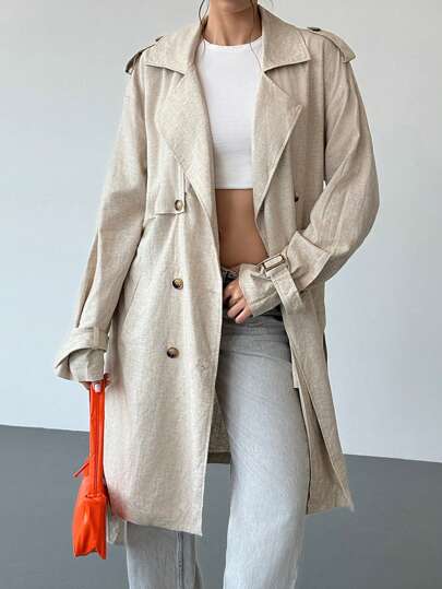 SHEIN EZwear Abrigo trench casual de manga larga con bolsillos y cinturón de mujer de doble botonadura