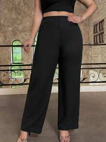 SHEIN EZwear Plus Solid Ribbed Knit Trousers - Black - View 3