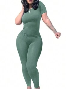 Form-Fitting Short Sleeve High Waisted Skinny Pants Casual Outfit - Green - View 4