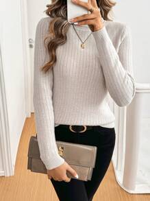 SHEIN LUNE Áo len cổ tròn lót nhiệt màu kaki, thích hợp để mặc nhiều lớp - Màu Khaki - Xem 6