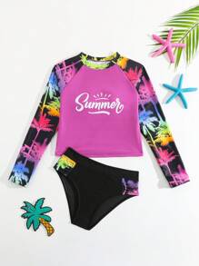 Nuevo conjunto de bikini de manga larga con estampado floral para niña preadolescente