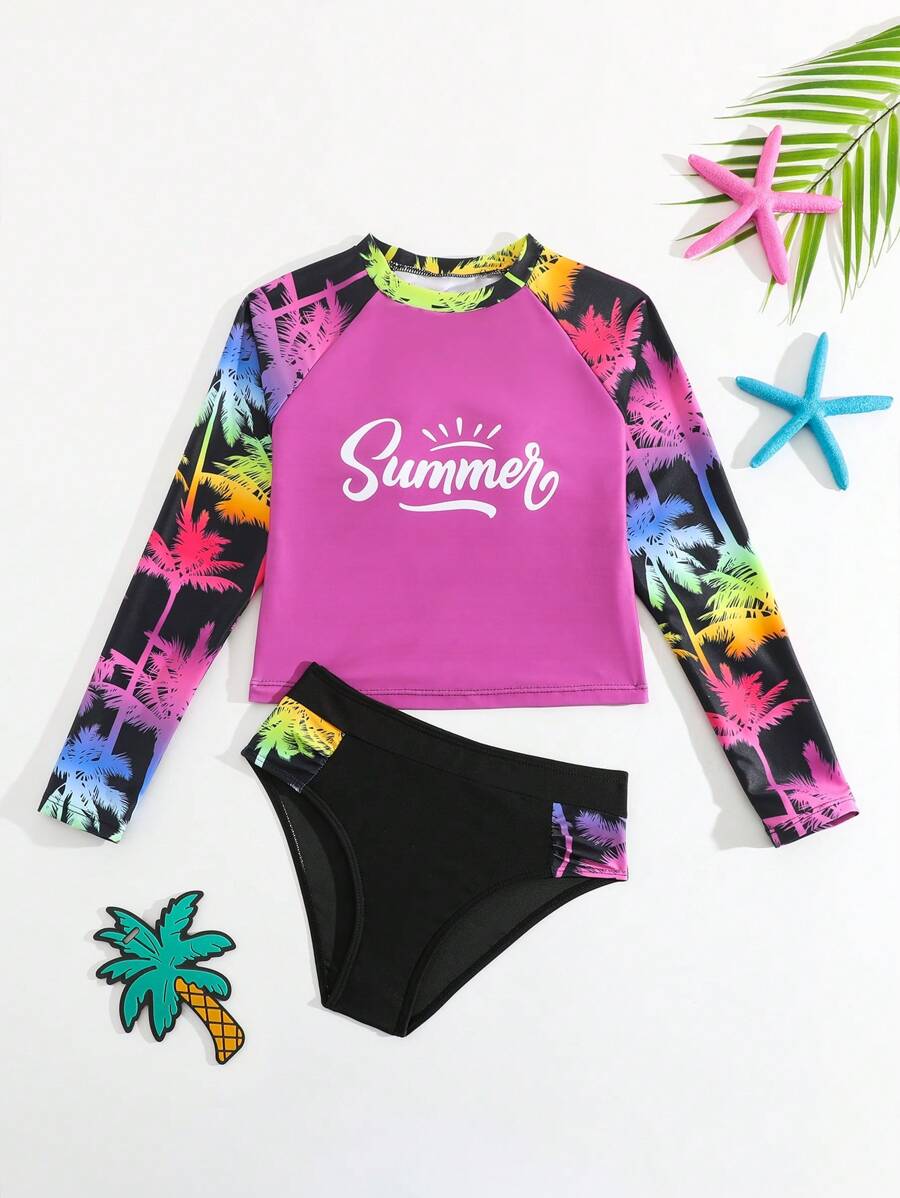 Nuevo conjunto de bikini de manga larga con estampado floral para niña preadolescente