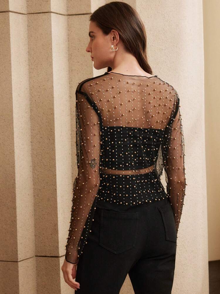 Women's Mesh See-Through Long Sleeve Blouse, Summer