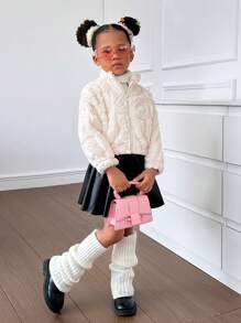 SHEIN 女小童拉鏈開襟毛茸茸外套 - 彩色 - 查看 3