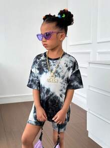 SHEIN 女小童紮染落肩T恤&騎行褲 - 黑色 - 查看 7