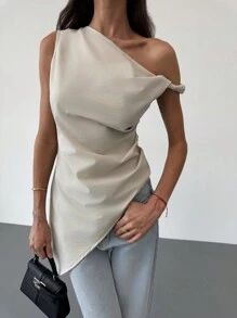 Aloruh Thiết Kế Mới Nhanh Khô Bất Đối Xứng Một Vai Xoắn Viền Chia Viền Tối Giản Áo Sơ Mi Thường Ngày/Ngày Lễ - Màu be - Xem 1