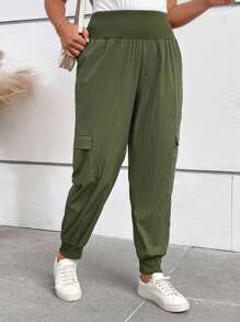 SHEIN LUNE Plus Size Green Pants With Pockets And Elastic Waist - Green - View 3