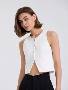 Women's Short Knit Vest, Single-Breasted, Plain Color, Spring & Autumn - White - View 5