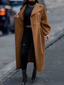 SHEIN Unity 大码女式纯色长袖双排扣优雅长款针织外套，秋冬款 - 棕色 - 查看 5