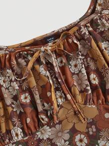 SHEIN MOD Plus Size Women's Mesh Floral Print Ruched Bust Vintage Long Sleeve Dress - Multicolor - View 3