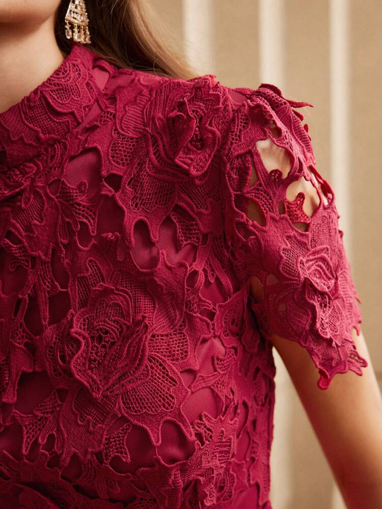 Spitzen-Trim tailliertes Mini-Kleid für Frauen, burgunderrotes Maxi-Outfit für Frauen