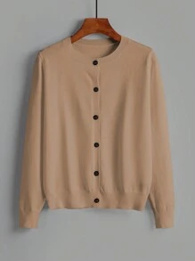 EMERY ROSE Women's Solid Color Simple Long Sleeve Knit Cardigan, Casual,Long Sleeve Tops Fall Winter Cloth For Women - Khaki - View 3