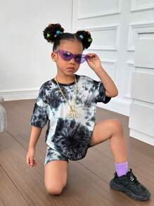 SHEIN 女小童紮染落肩T恤&騎行褲 - 黑色 - 查看 1