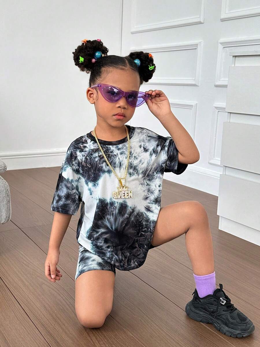 SHEIN 女小童紮染落肩T恤&騎行褲 - 黑色 - 查看 1