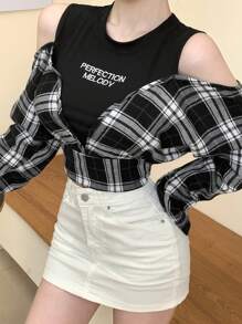 DAZY 女式二合一刺绣字母格子长袖衬衫，秋装