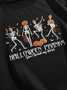 SHEIN VCAY Plus Size Halloween Women's Spring Autumn Slogan & Skeleton Print Long Sleeve Crew Neck Sweatshirt Winter Fall - Multicolor - View 5