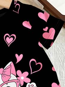 SHEIN Leap Crew Young Girl 2pcs Cute Girl, Cat, Flowers & Heart Printed Short Sleeve T-Shirt And Pants Casual Home Outfit For Spring & Summer, Snug Fit - Black - View 4