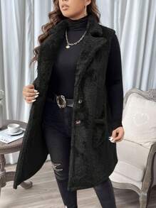 SHEIN LUNE Plus Size Women's Winter Solid Color Turndown Collar Sleeveless Long Fluffy Coat - Black - View 6