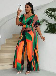 Maweii Plus Size Women's Summer Vacation Full Print V-Neck Batwing Sleeve Loose Wide Leg Jumpsuit