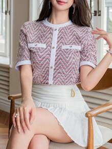 DAZY Camiseta de cuello redondo elegante de oficina con estampado de espiga, adecuada para el Día de San Valentín y el verano