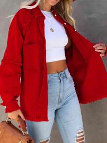 Frayed Edged Fashionable Loose Fit Pink Denim Jacket - Red - View 8