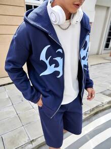 Manfinity Roghcode Men's Simple Print Hooded Sweatshirt And Shorts Set