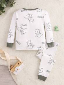 2pcs Baby Boy Snug Fit Cartoon Dinosaur Print Color Block Crew Neck Long Sleeve Knitted Pajama Set